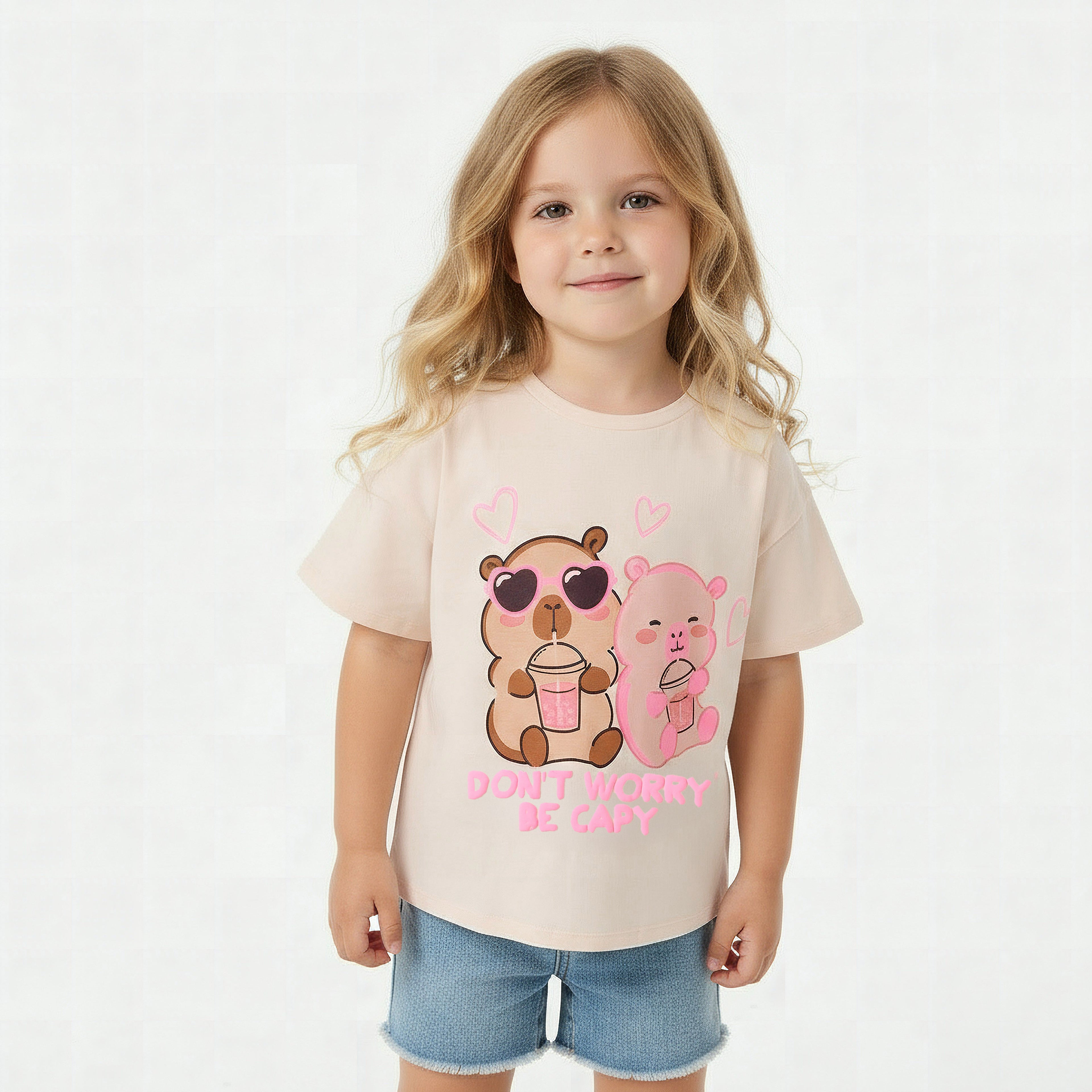 Juniors Round Neck Short Sleeves T-shirt with Bear Print - Pink / 1-2 yrs