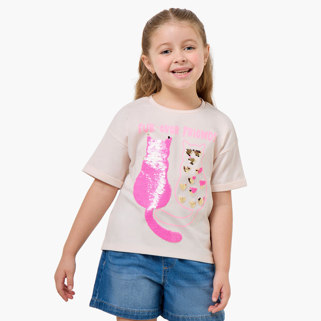 Juniors Round Neck Short Sleeve T-shirt with Embellishment - Pink / 1-2 yrs