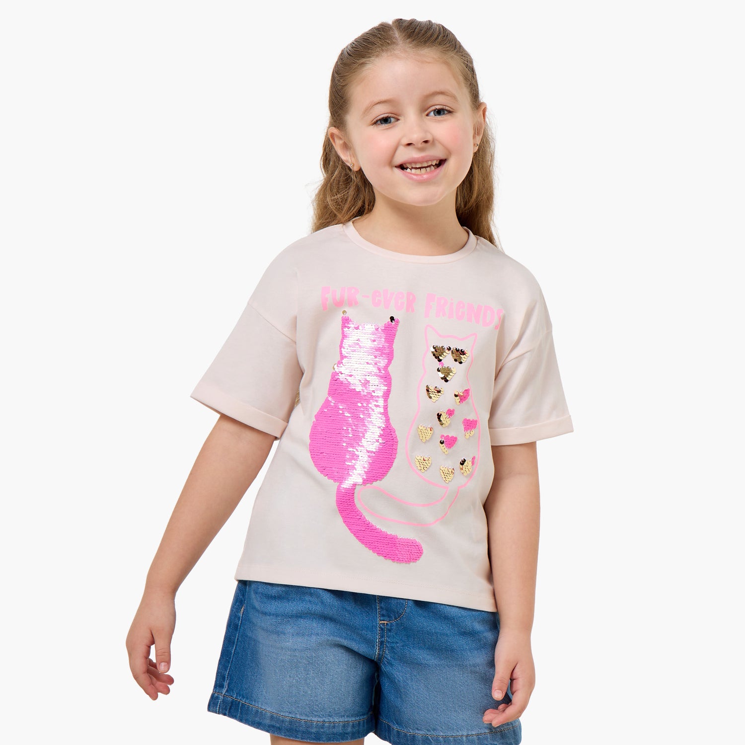 Juniors Round Neck Short Sleeve T-shirt with Embellishment - Pink / 1-2 yrs