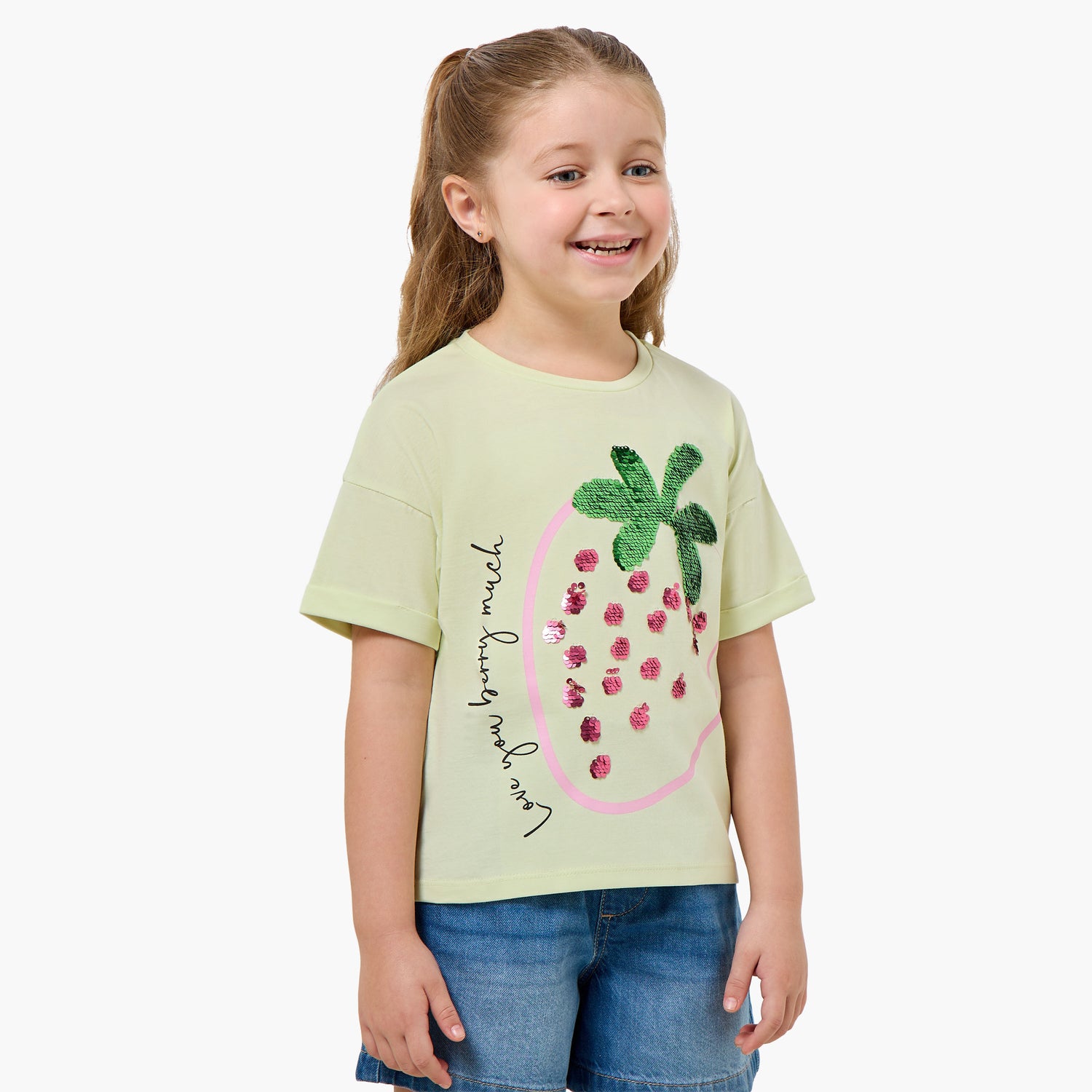 Juniors Round Neck Short Sleeve T-shirt with Embellishment - Green / 1-2 yrs