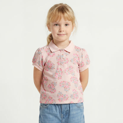 Juniors Collared Short Sleeves Polo T-shirt with Floral Print - Pink / 1-2 yrs