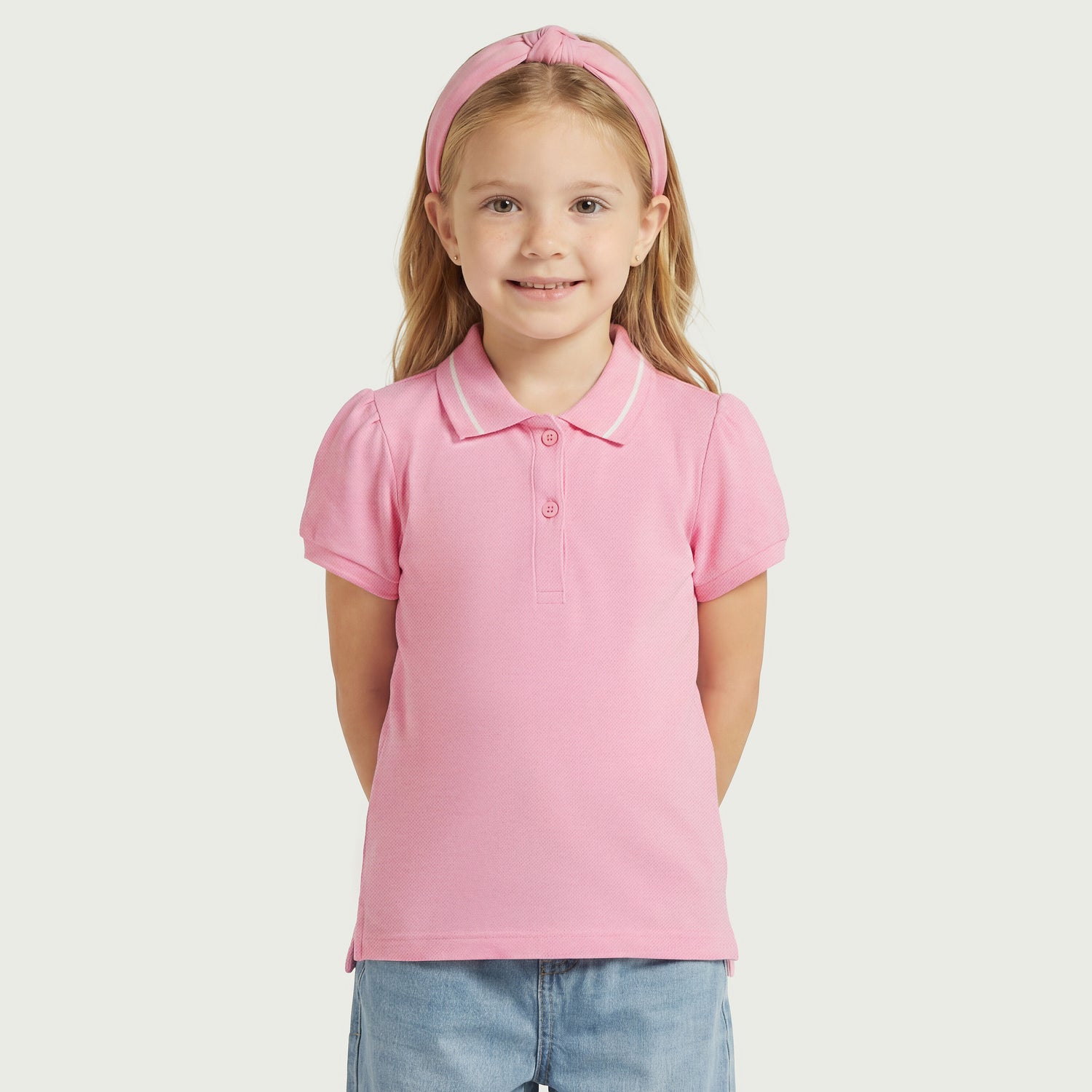Juniors Collared Short Sleeves Polo T-shirt with Solid Design - Pink / 1-2 yrs