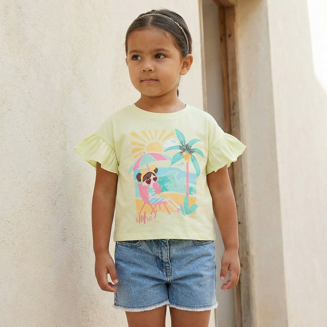 Juniors Crew Neck Short Sleeves T-shirt with Graphic Print - Green / 1-2 yrs