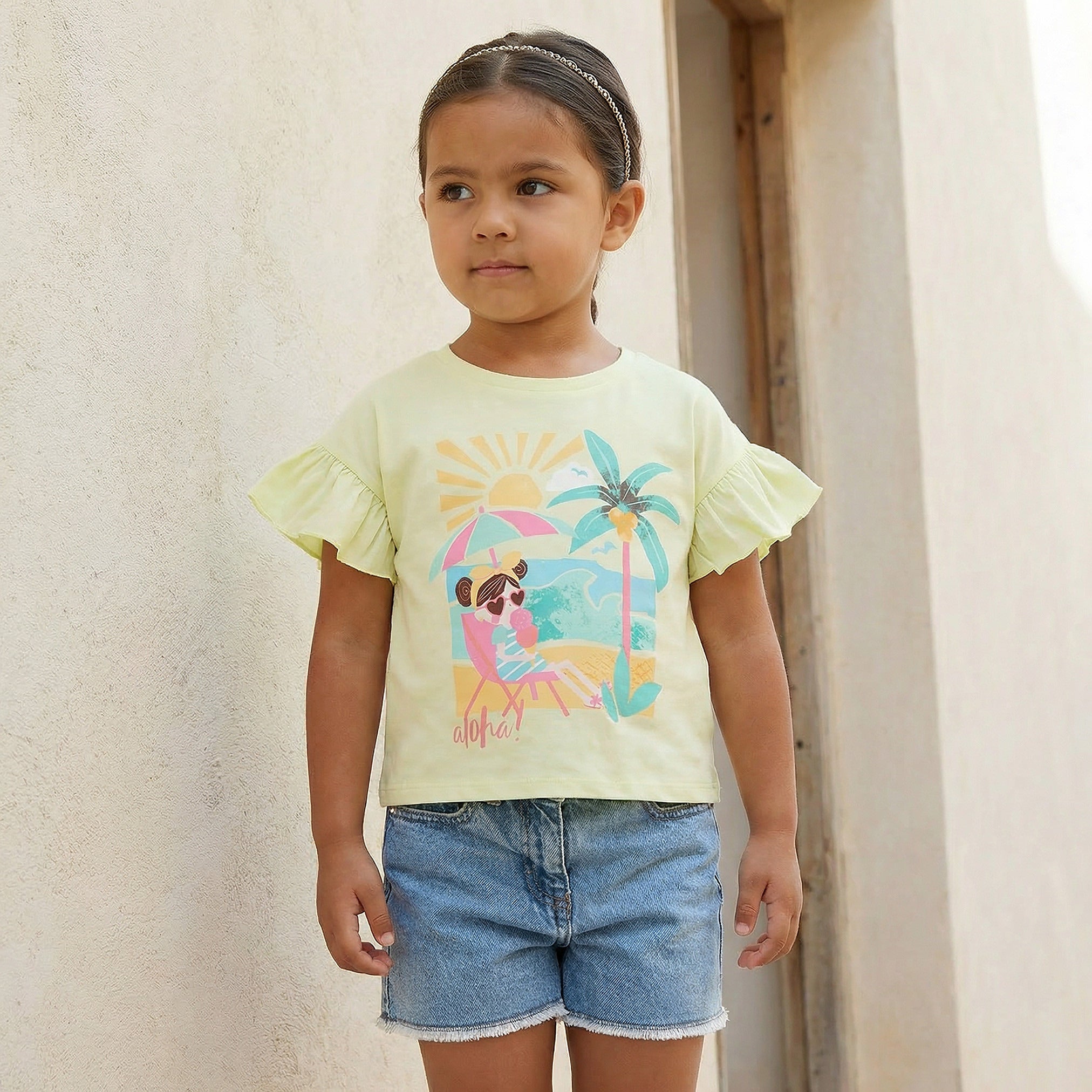 Juniors Crew Neck Short Sleeves T-shirt with Graphic Print - Green / 1-2 yrs