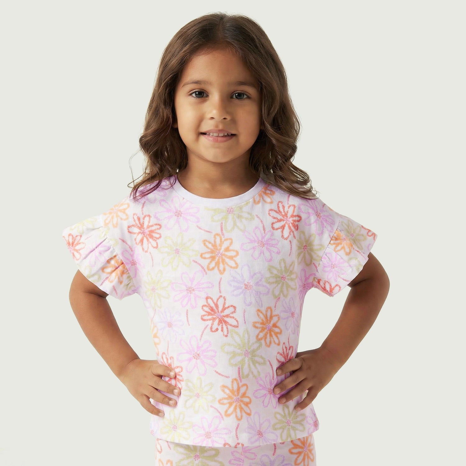 Juniors Crew Neck Short Sleeves T-shirt with Floral Print - White / 1-2 yrs
