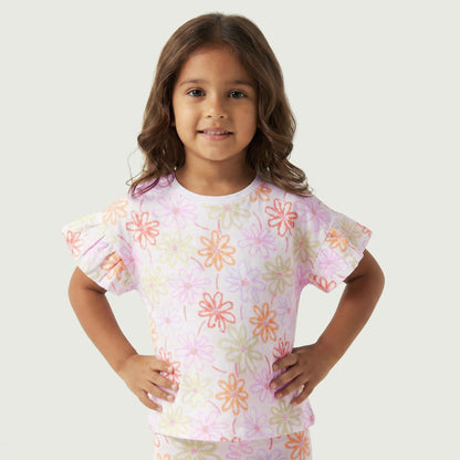 Juniors Crew Neck Short Sleeves T-shirt with Floral Print - White / 1-2 yrs