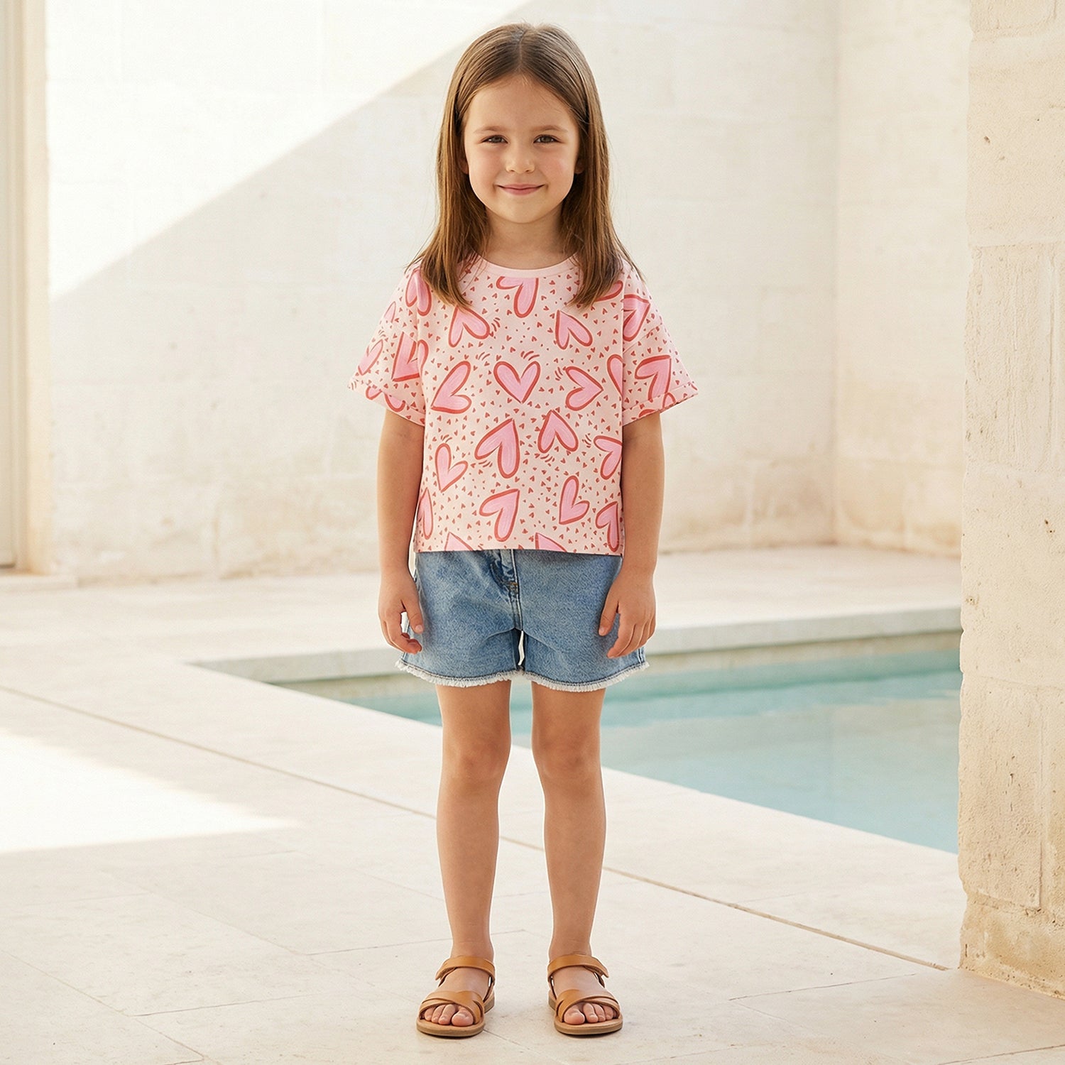 Juniors Round Neck Short Sleeves T-shirt with Heart Print