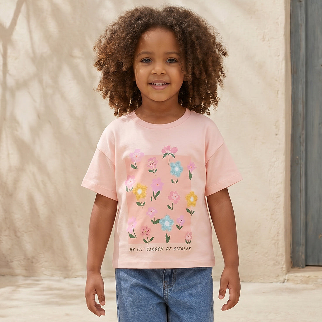 Juniors Crew Neck Short Sleeves T-shirt with Floral Print - Pink / 1-2 yrs