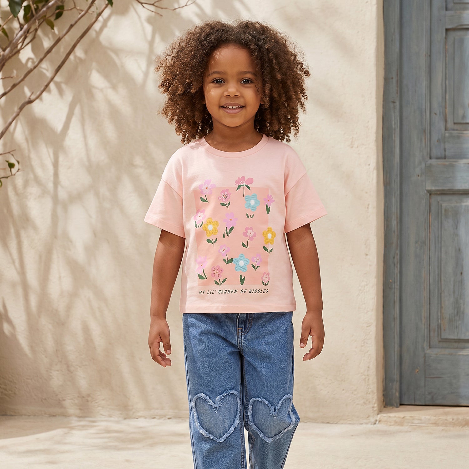 Juniors Crew Neck Short Sleeves T-shirt with Floral Print