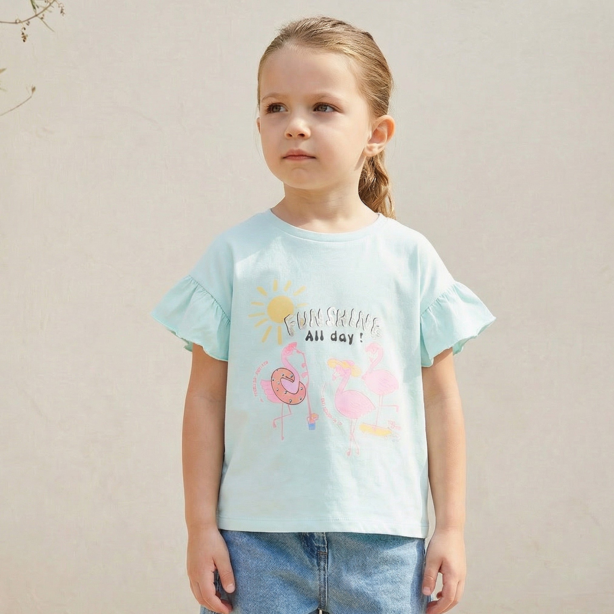 Juniors Round Neck Short Sleeves T-shirt with Flamingo Print