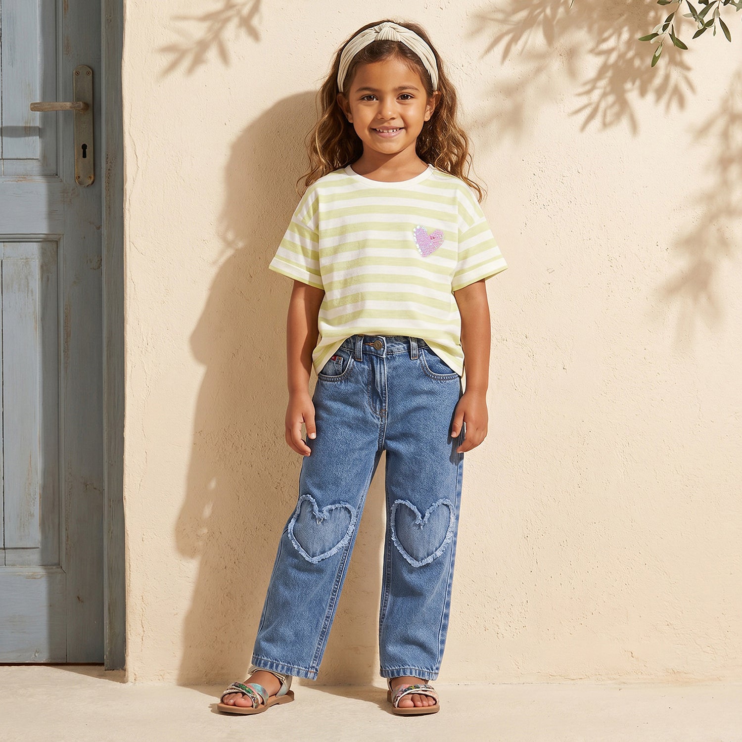 Juniors Crew Neck Short Sleeves T-shirt with Heart Embellishment