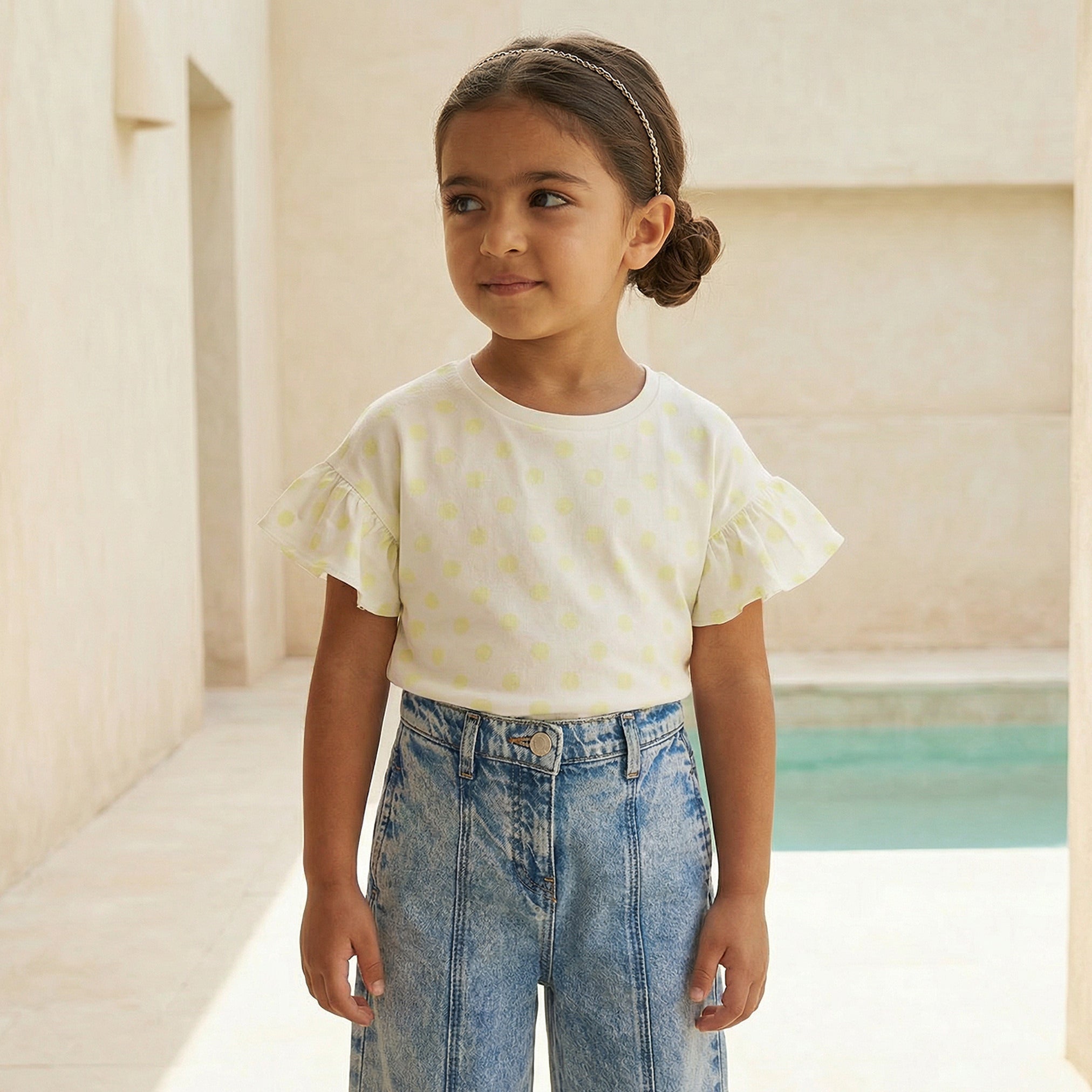 Juniors Round Neck Short Sleeves T-shirt with Polka Dot Print - White / 1-2 yrs
