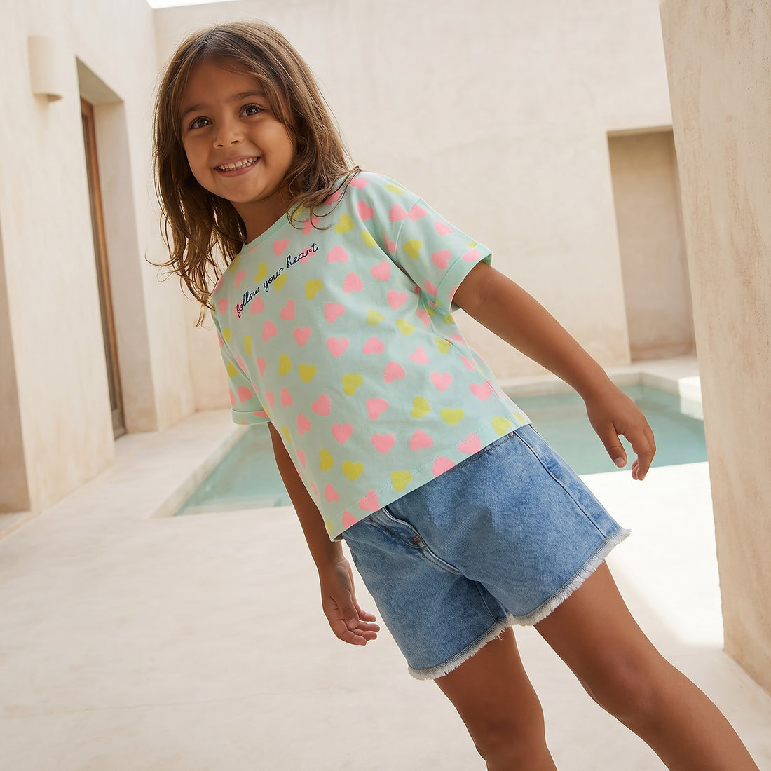 Juniors Crew Neck Short Sleeves T-shirt with Heart Print - Green / 1-2 yrs