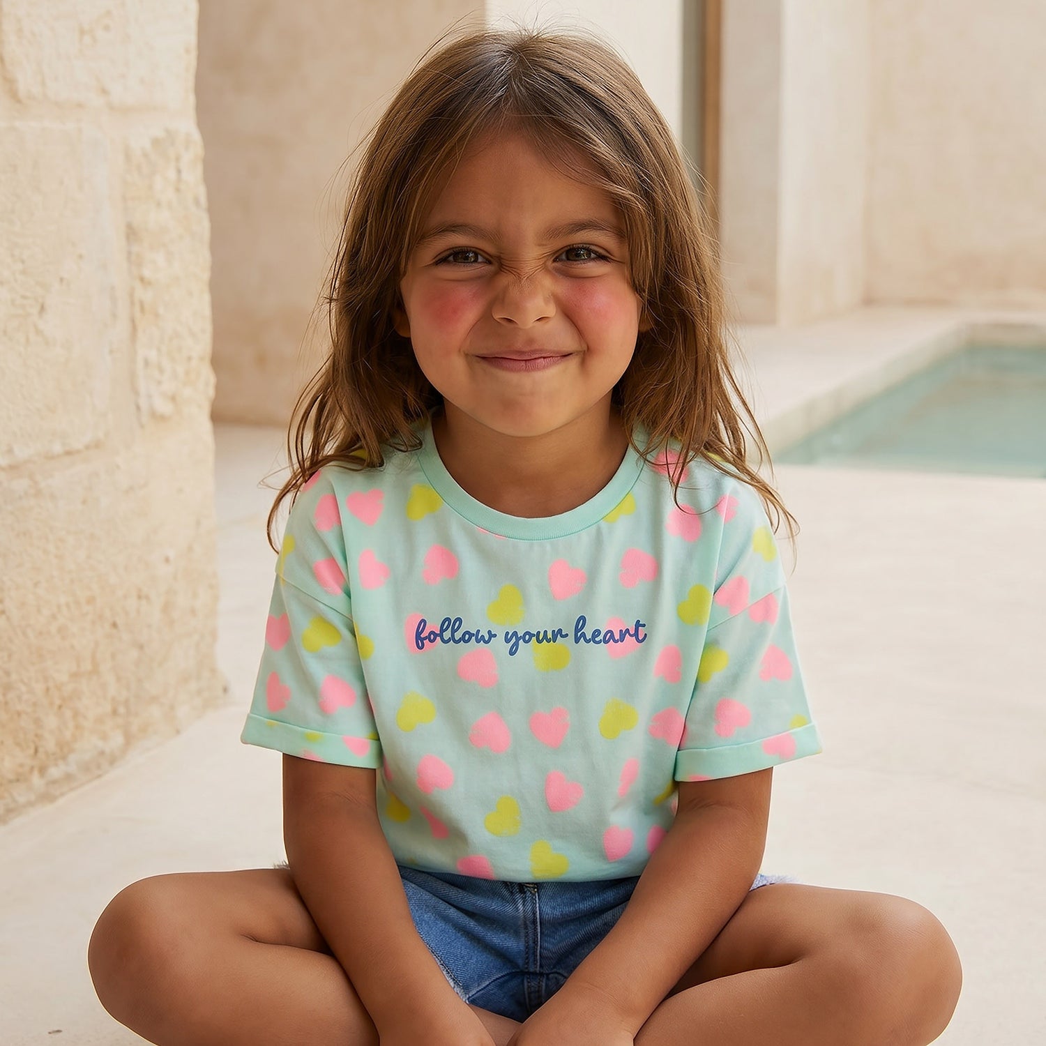Juniors Crew Neck Short Sleeves T-shirt with Heart Print