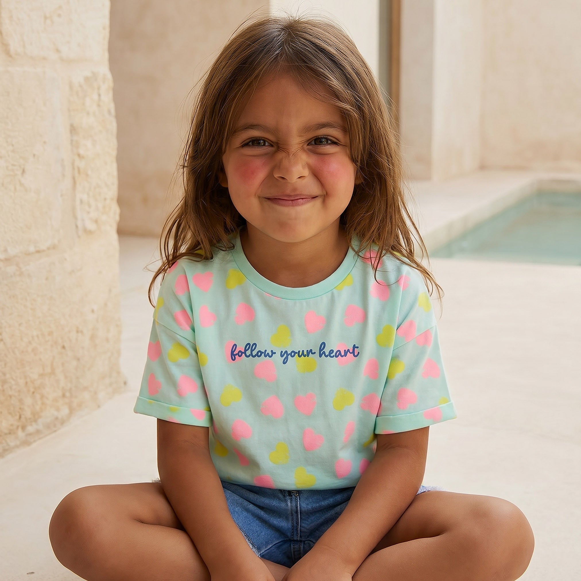 Juniors Crew Neck Short Sleeves T-shirt with Heart Print