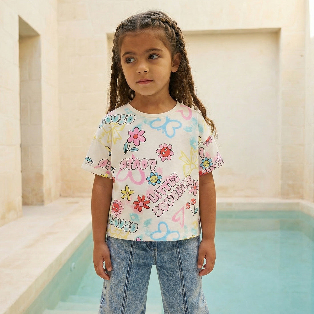 Juniors Round Neck Short Sleeves T-shirt with Graffiti Print - White / 1-2 yrs