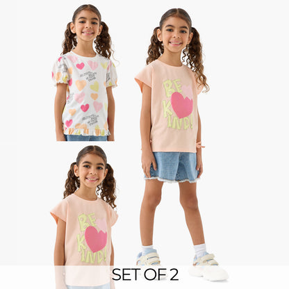Pack of 2 Juniors Round Neck Short Sleeves T-shirt with Heart Print - Multicolour / 1-2 yrs