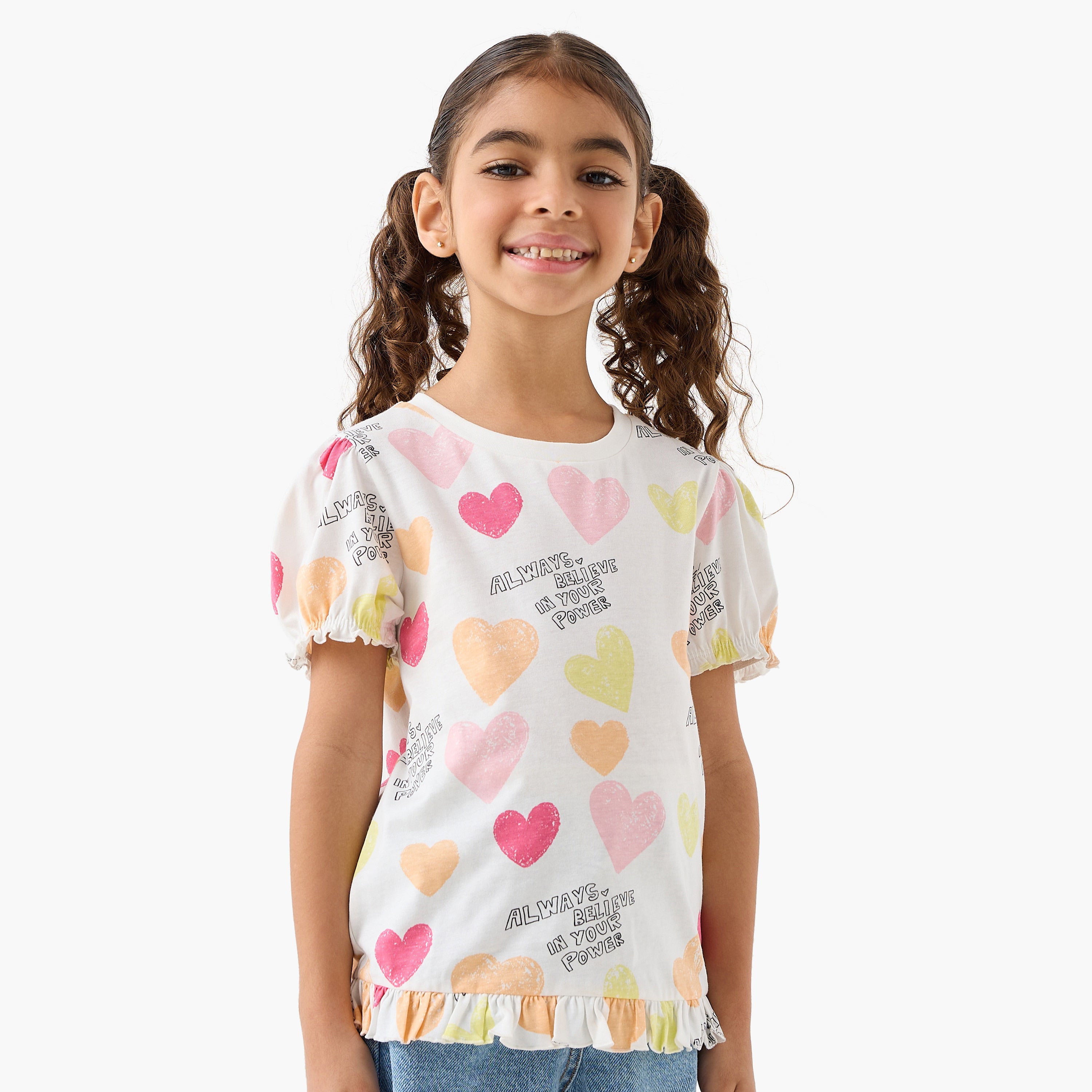 Pack of 2 Juniors Round Neck Short Sleeves T-shirt with Heart Print