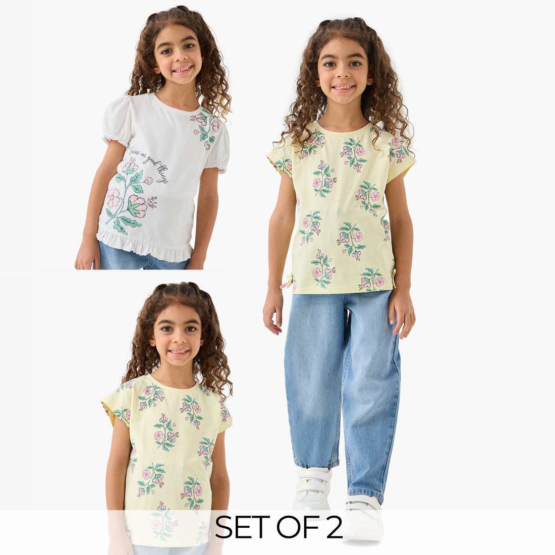 Pack of 2 Juniors Round Neck Short Sleeves T-shirt with Floral Print - Multicolour / 1-2 yrs