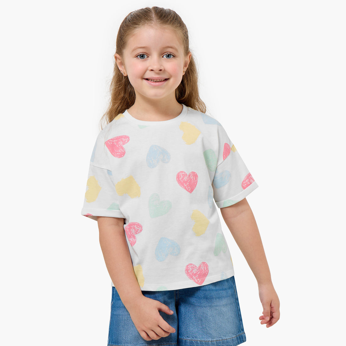 Juniors Crew Neck Short Sleeves T-shirt with Heart Print - White / 1-2 yrs