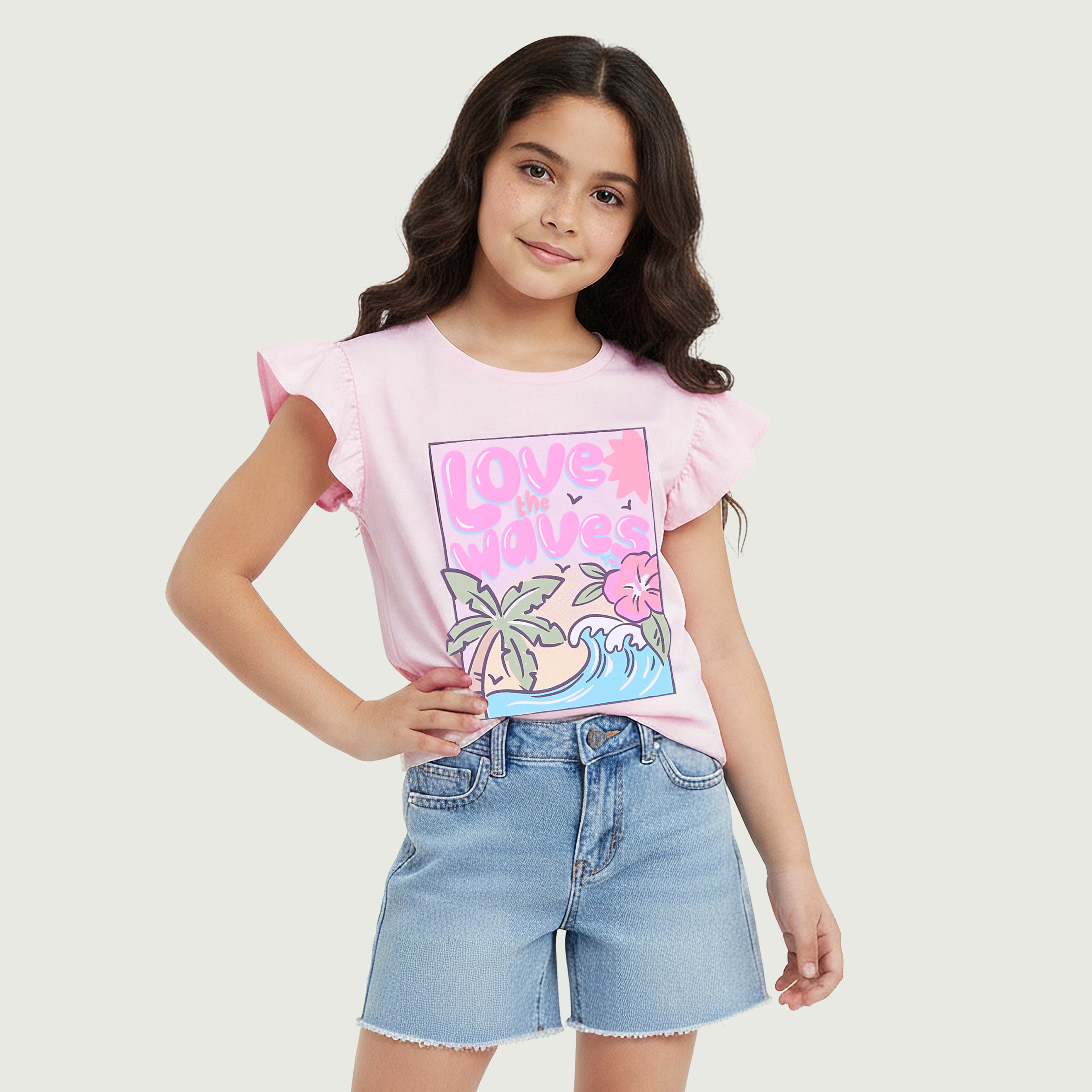Juniors Crew Neck Short Sleeves T-shirt with Graphic Print - Pink / 1-2 yrs