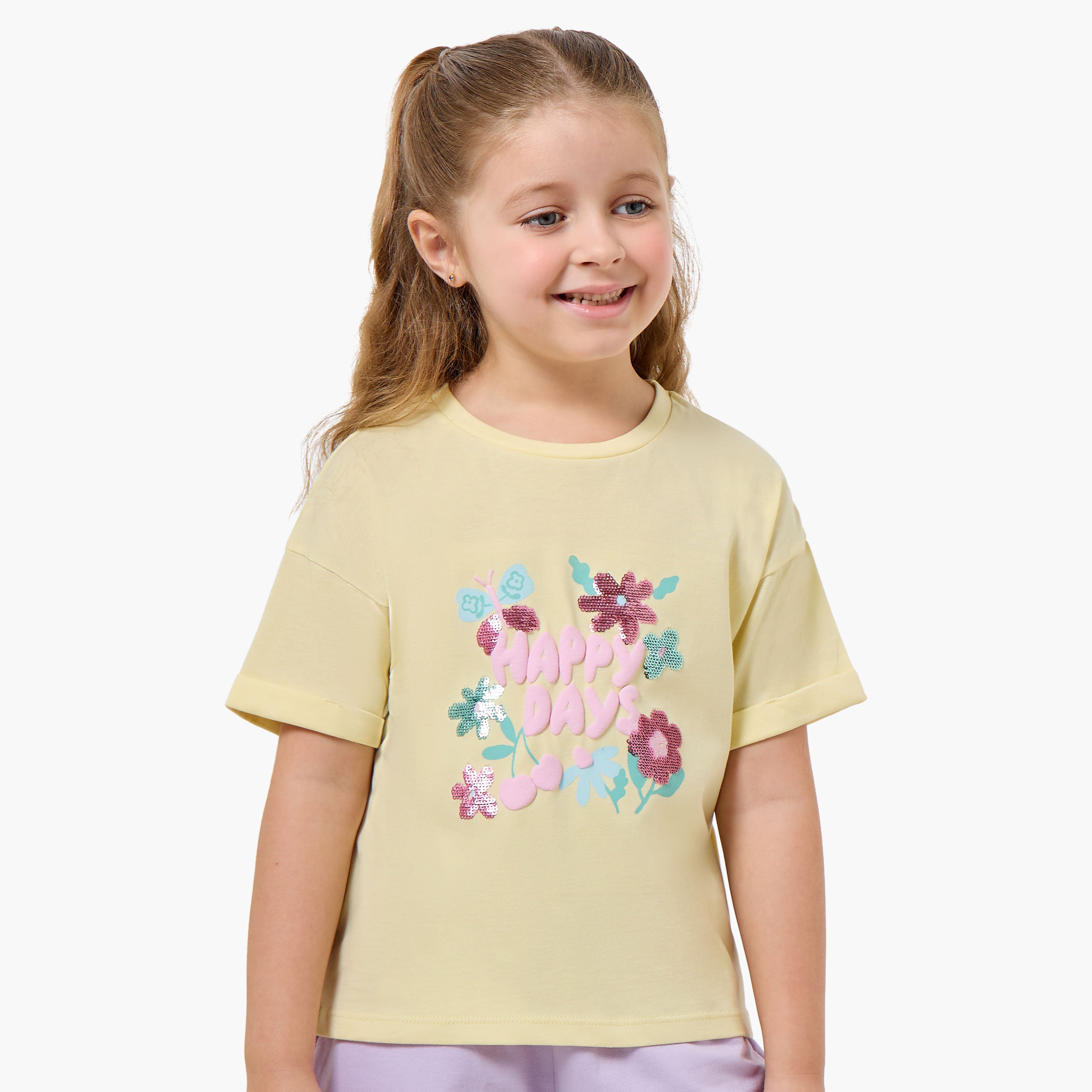 Juniors Crew Neck Short Sleeves T-shirt with Floral Sequin Detail - Yellow / 1-2 yrs