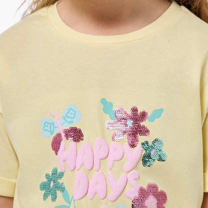 Juniors Crew Neck Short Sleeves T-shirt with Floral Sequin Detail