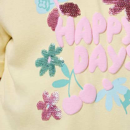 Juniors Crew Neck Short Sleeves T-shirt with Floral Sequin Detail