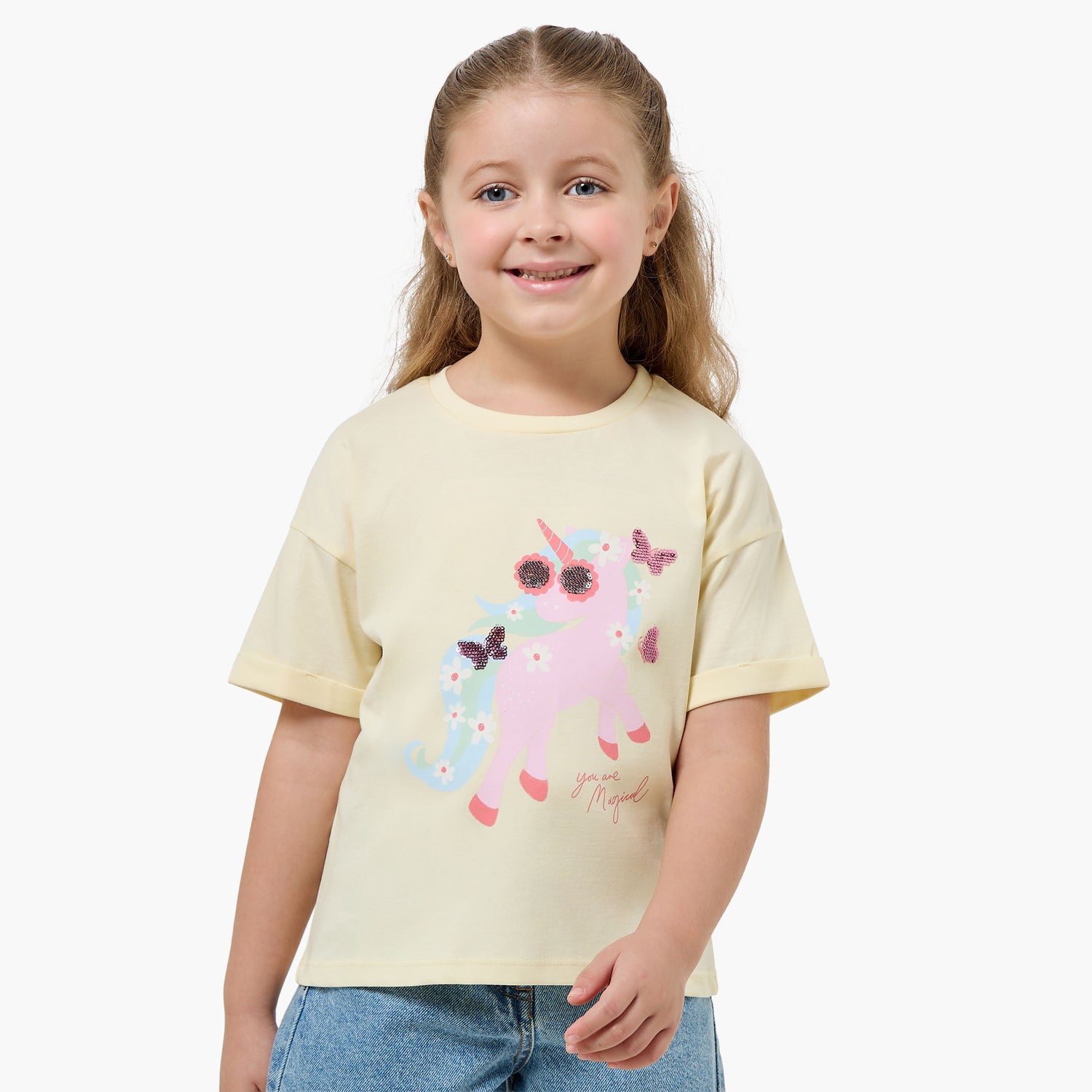 Juniors Crew Neck Short Sleeves T-shirt with Unicorn Sequin Detail - Yellow / 1-2 yrs