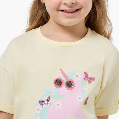 Juniors Crew Neck Short Sleeves T-shirt with Unicorn Sequin Detail