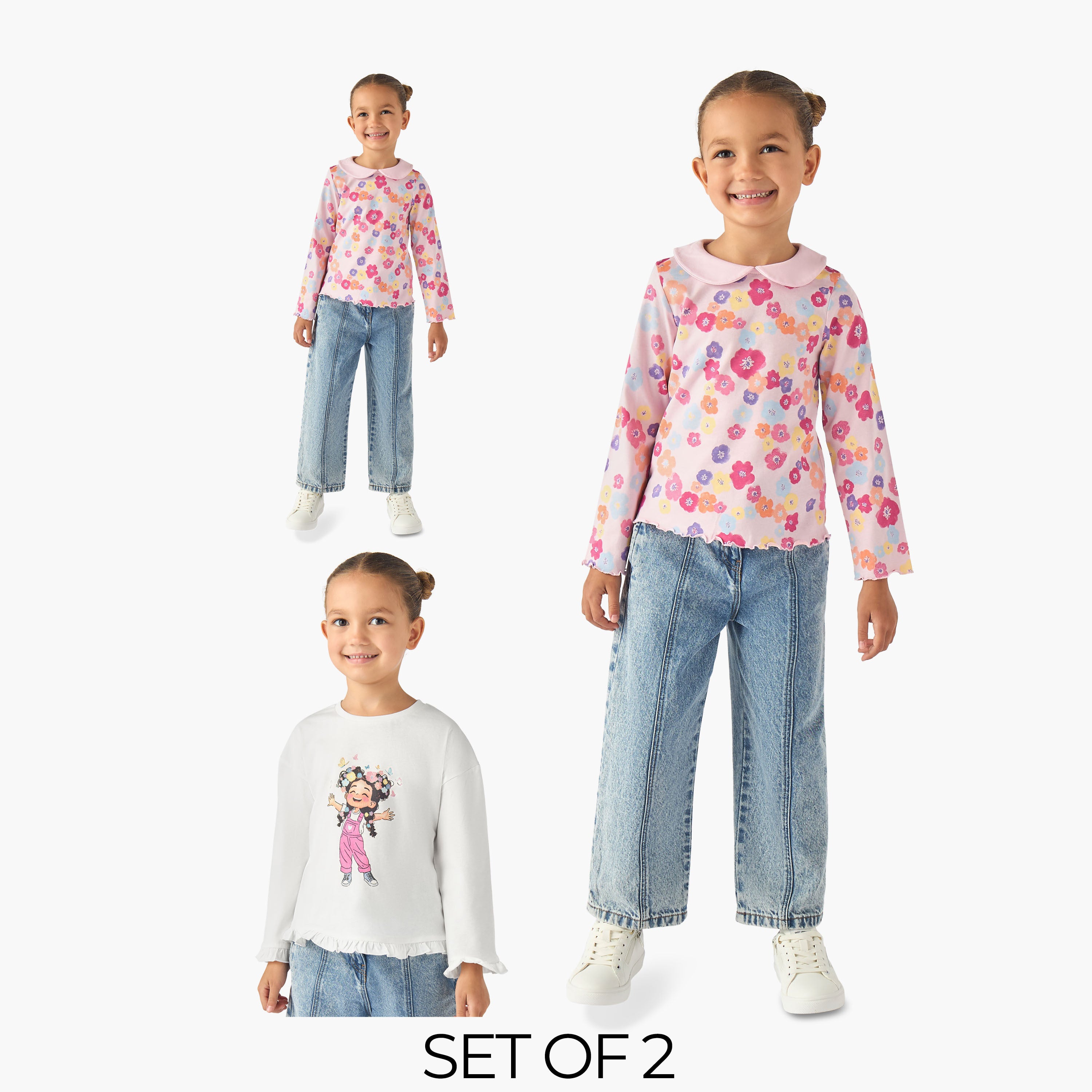 Pack of 2 Juniors Long Sleeves T-shirt with Assorted Print - Multicolour / 1-2 yrs
