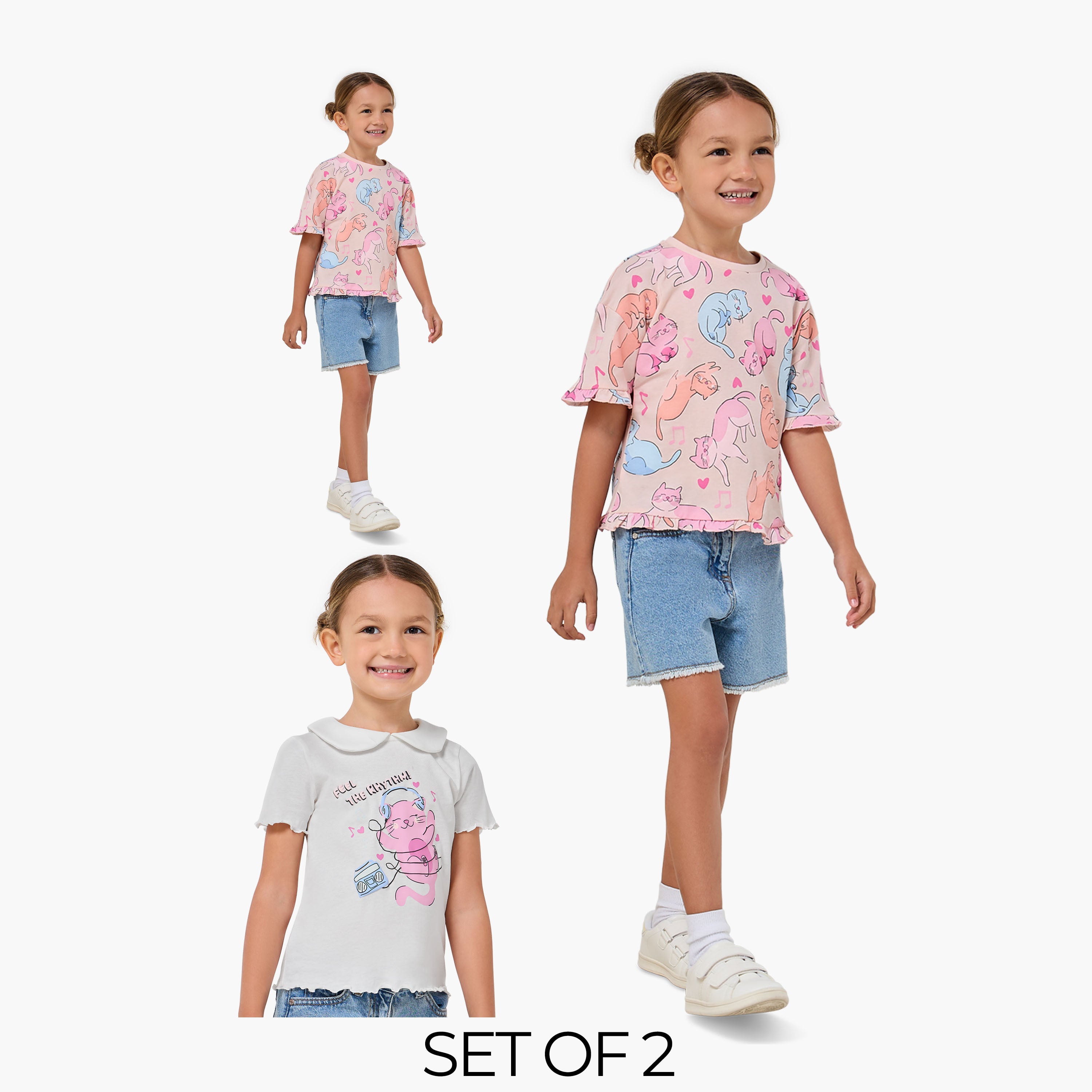Pack of 2 Juniors Crew Neck Short Sleeve T-shirt with Cat Print - Multicolour / 1-2 yrs