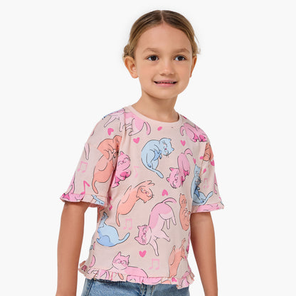 Pack of 2 Juniors Crew Neck Short Sleeve T-shirt with Cat Print