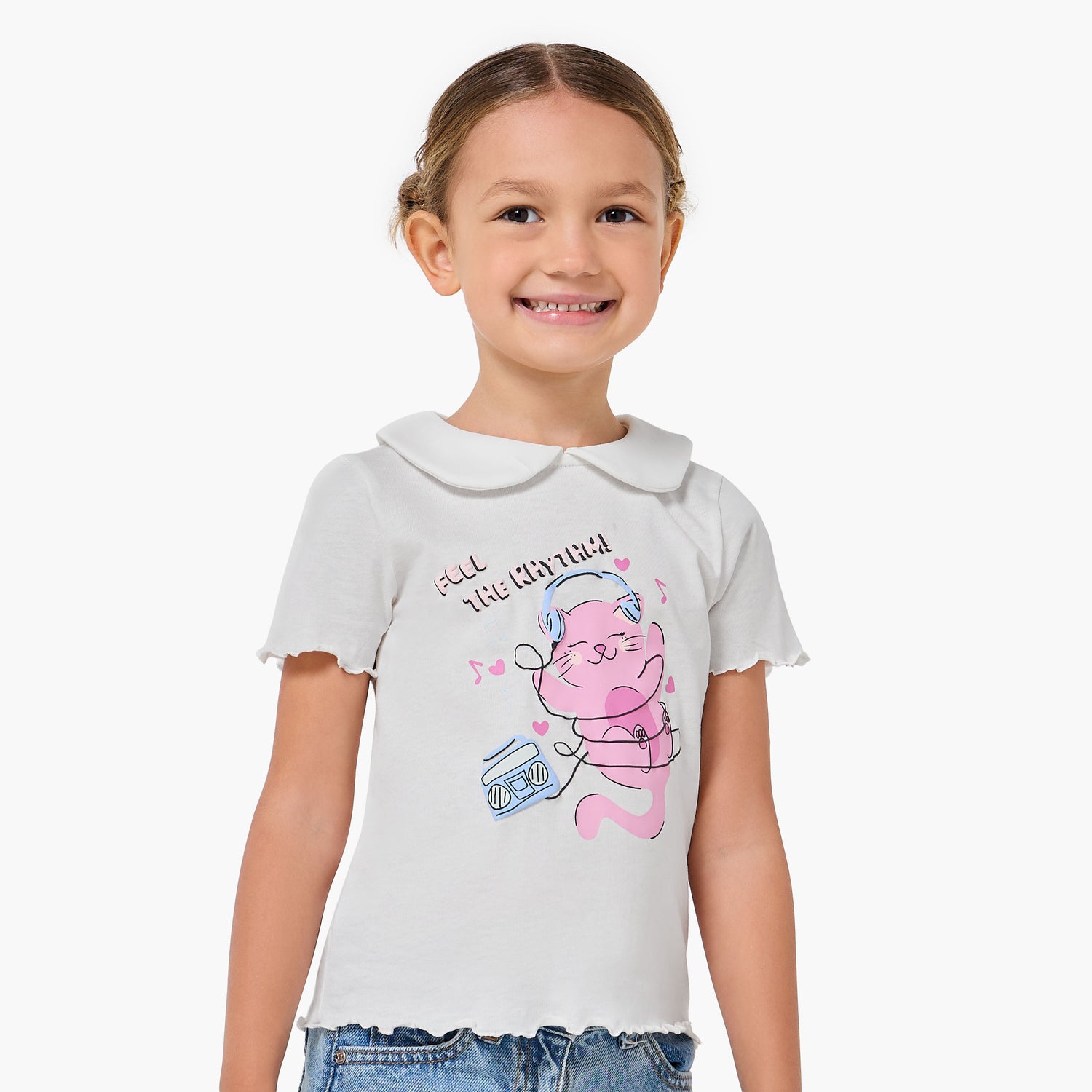 Pack of 2 Juniors Crew Neck Short Sleeve T-shirt with Cat Print