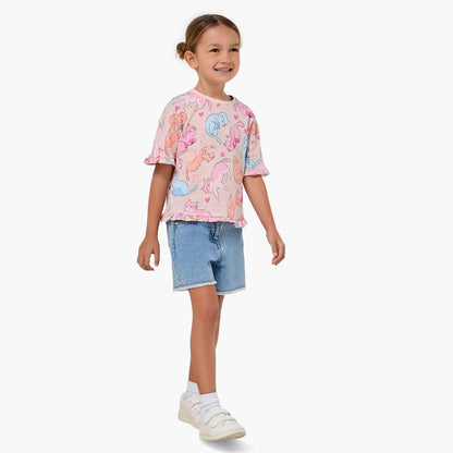 Pack of 2 Juniors Crew Neck Short Sleeve T-shirt with Cat Print