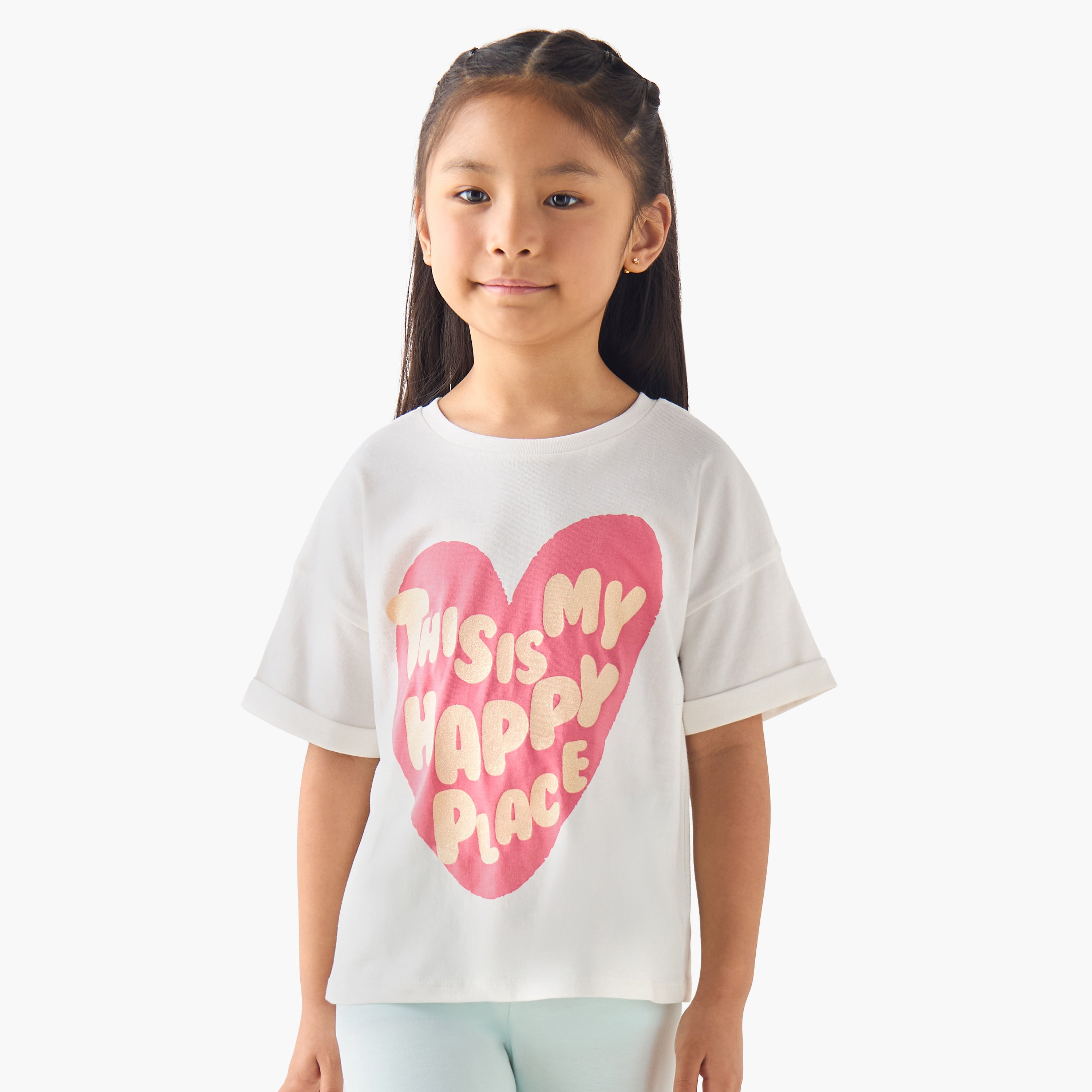 Juniors Crew Neck Short Sleeves T-shirt with Slogan Print - White / 1-2 yrs