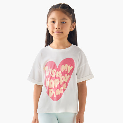Juniors Crew Neck Short Sleeves T-shirt with Slogan Print - White / 1-2 yrs
