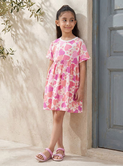Juniors Round Neck Short Sleeves A-line Dress with Heart Print-girls-clothing-dressesandjumpsuits-image-1
