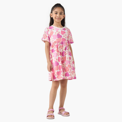 Juniors Round Neck Short Sleeves A-line Dress with Heart Print