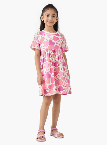 Juniors Round Neck Short Sleeves A-line Dress with Heart Print-girls-clothing-dressesandjumpsuits-image-2