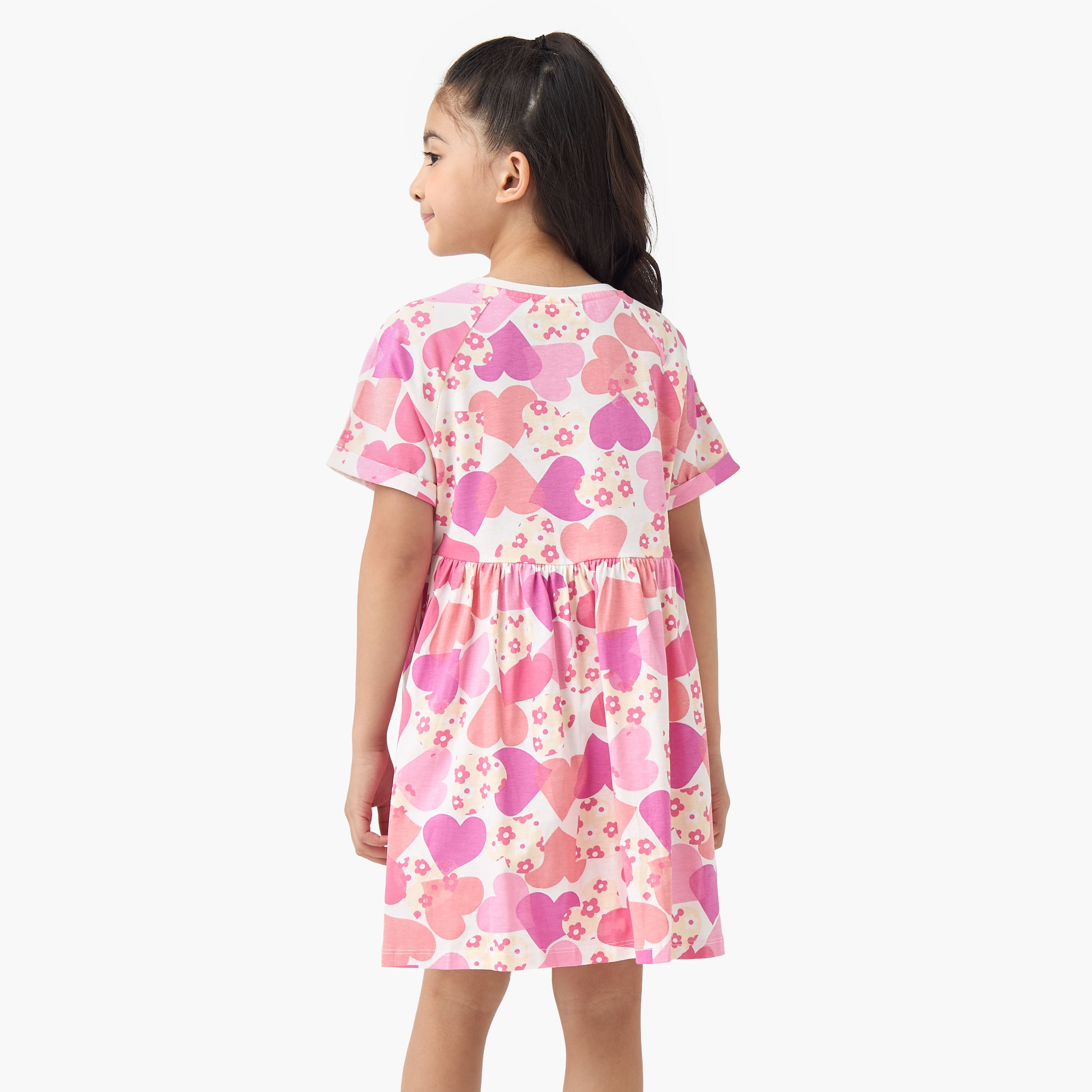 Juniors Round Neck Short Sleeves A-line Dress with Heart Print