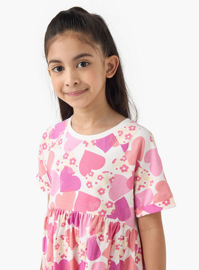 Juniors Round Neck Short Sleeves A-line Dress with Heart Print-girls-clothing-dressesandjumpsuits-image-4