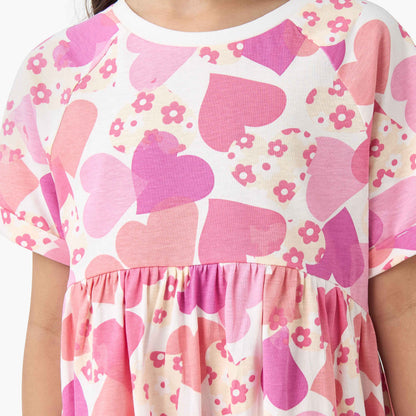 Juniors Round Neck Short Sleeves A-line Dress with Heart Print