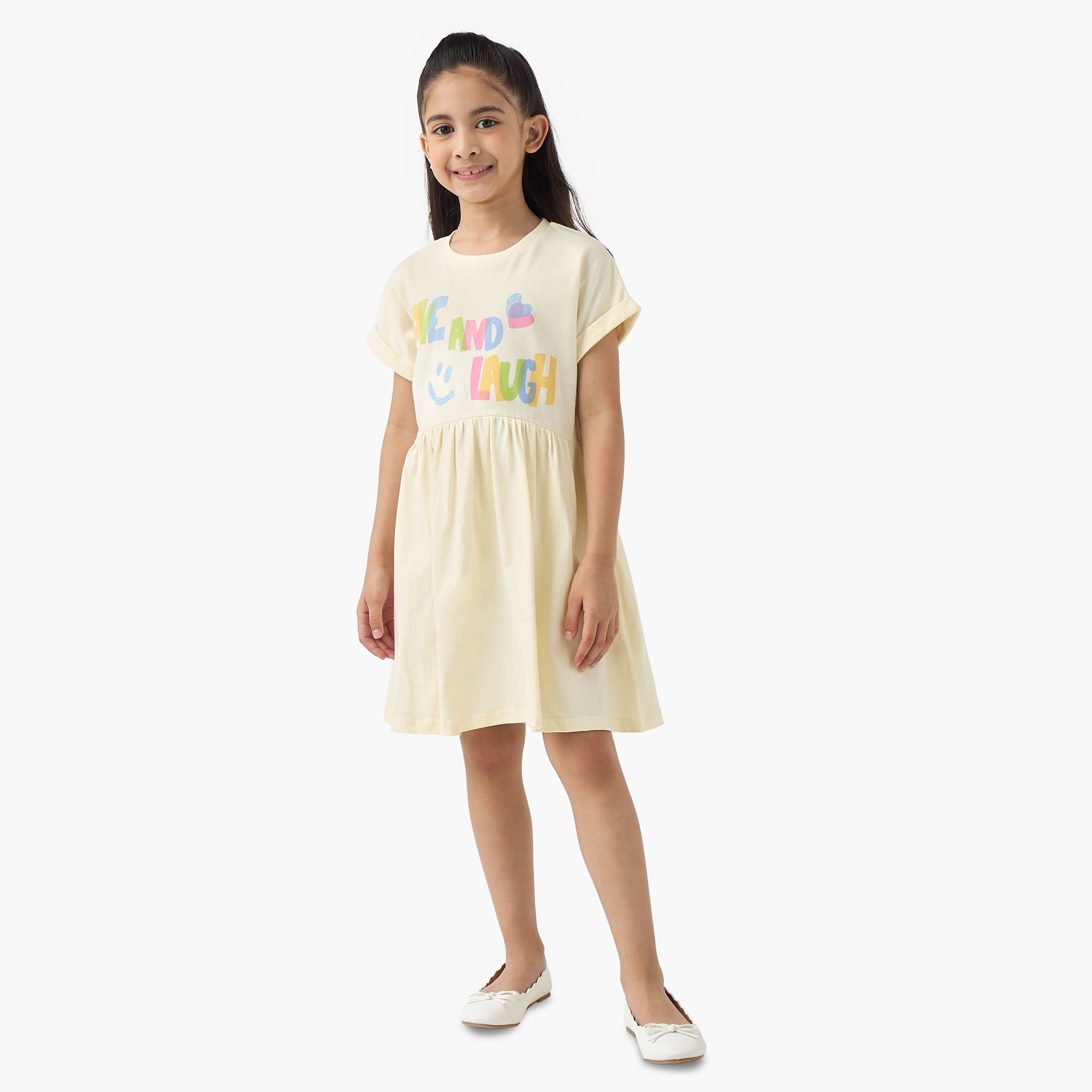 Juniors Round Neck Short Sleeves Skater Dress with Graphic Print