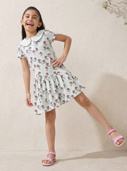 Juniors Peter Pan Collar Short Sleeves A-line Dress with Floral Print-girls-clothing-dressesandjumpsuits-image-1