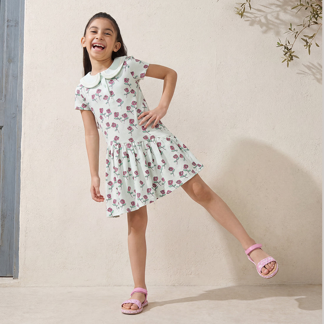 Juniors Peter Pan Collar Short Sleeves A-line Dress with Floral Print - Green / 6-7 yrs