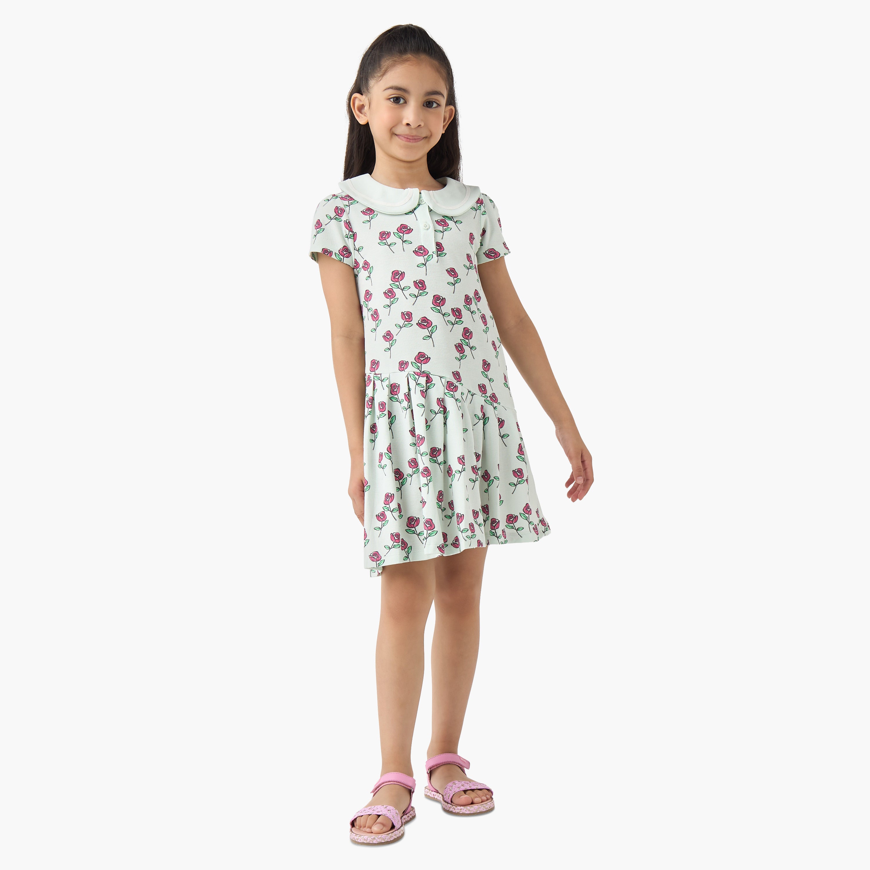 Juniors Peter Pan Collar Short Sleeves A-line Dress with Floral Print
