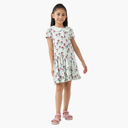 Juniors Peter Pan Collar Short Sleeves A-line Dress with Floral Print