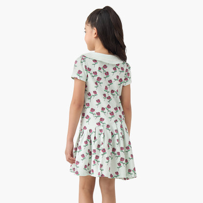 Juniors Peter Pan Collar Short Sleeves A-line Dress with Floral Print