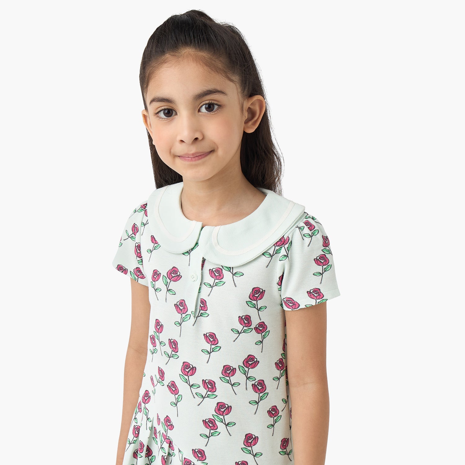 Juniors Peter Pan Collar Short Sleeves A-line Dress with Floral Print